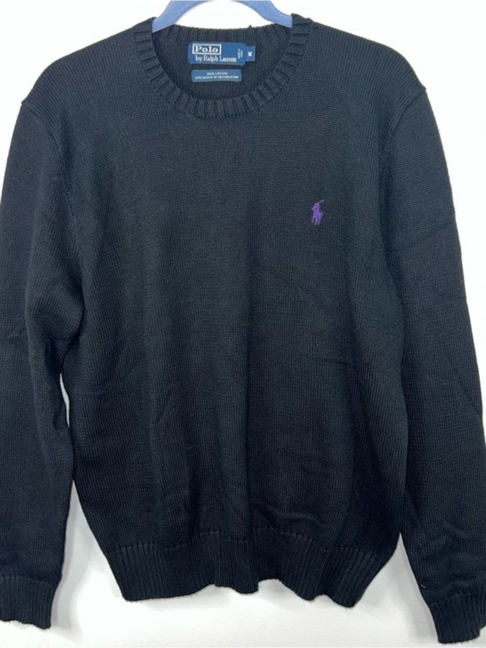 Polo by Ralph Lauren Black Cotton Crewneck Sweater with Purple Pony Logo Medium